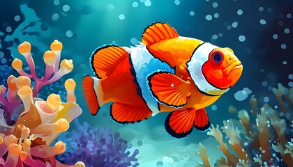 Wall Mural - Vibrant Underwater Scene Featuring Playful Clown Fish and Colorful Marine Life for Clothing and Decorative Designs