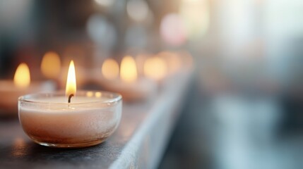 Multiple small candles arranged in a neat row, softly glowing and creating a serene and calming atmosphere, ideal for spiritual gatherings, reflection, and relaxation.