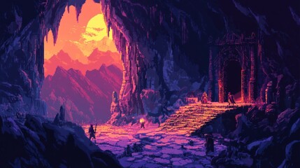 Sticker - Pixelated Fantasy Landscape with Cave Entrance and Figures