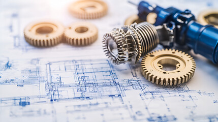 Close-up of mechanical gears and blueprints, concept of engineering design in product development. the creation of innovative technology.