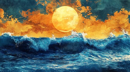 Vivid digital artwork depicting a vibrant sunset over a turbulent ocean with crashing waves and a colorful sky.