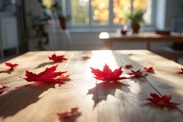 Wall Mural - Autumn background scene with red maple leaves on table with sunlight. Natural seasonal home decor for fall season, thanksgiving and holiday showroom with generative ai