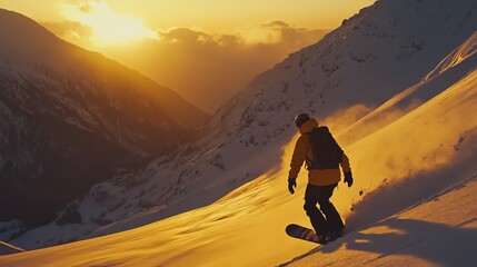 Wall Mural - A snowboarder rides down a snowy mountain slope, kicking up powder.