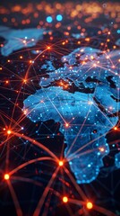 Wall Mural - stylized world map with red/blue dots interconnected by lines on a dark background. city lights sugg