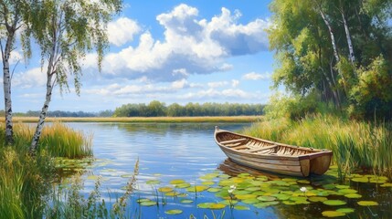 Wall Mural - A beautiful painting of the Russian landscape, a small wooden boat on the river bank among birches and grasses, lily pads in the water, trees, a sunny day, a blue sky with clouds, bright colors