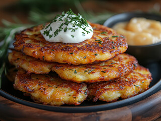 Delicious Hanukkah latkes photos showcasing traditional potato pancakes served with applesauce and sour cream