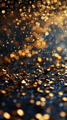 Sticker - Abstract background with shimmering gold particles floating on a dark backdrop, transitioning to light blue. Creates futuristic, high-tech vibe.