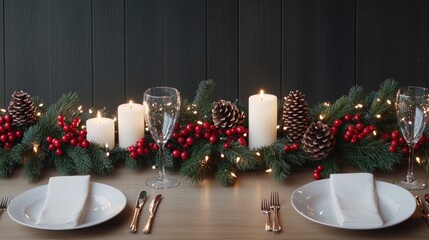 The dining table is elegantly arranged with white plates, silver utensils, and adorned with pinecones and candles, creating a warm, inviting atmosphere for the holidays