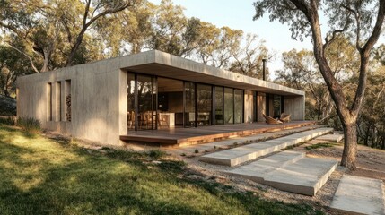 Wall Mural - Modern Concrete House with Large Windows and Deck Surrounded by Trees