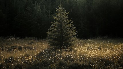 Wall Mural - a lone evergreen tree stands in a sunlit meadow surrounded by tall grass and blooming wildflowers at