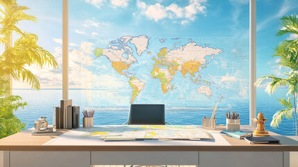 Wall Mural - Cruise vacation planning desk with world maps and view of the ship deck in expansive ocean, luxury travel concept.