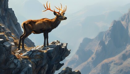 Wall Mural - majestic stag overlooking breathtaking mountainous landscape from a rugged cliff, showcasing strength and beauty