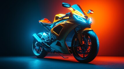 Canvas Print - A motorcycle with a yellow paint job and red rims in a studio setting.