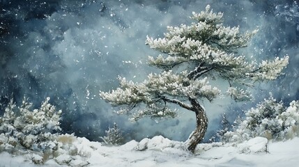 Poster - Snow-covered pine tree stands alone in a serene winter landscape with gently falling snowflakes on a cold day