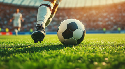 A soccer player's legs are in motion, positioned to kick a ball on a sunlit pitch with stadium viewers