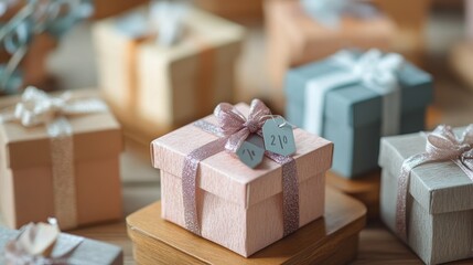 A set of small gift boxes arranged on a table for a wedding or party favor, each adorned with ribbons and tags.