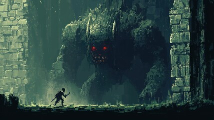 Canvas Print - A Lone Figure Facing a Towering, Red-Eyed Stone Beast