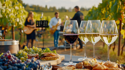 Close up of wine glasses on outdoor wine tasting festival in a vineyard, people sipping wine and enjoying gourmet food, live jazz band playing in the background, sophisticated and relaxed setting.