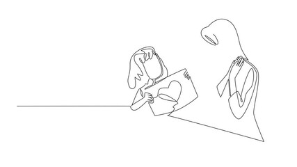 Wall Mural - Animation of single continuous line drawing a girl shows her beloved mommy a piece of paper with a heart. Expression of love. Mother's Day. One line self drawing animated. Full length motion