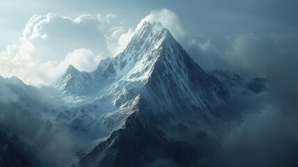 Canvas Print - Majestic Snowy Mountain Peak Emerging from Clouds