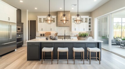 Canvas Print - Modern Kitchen Island with Pendant Lights and Bar Stools