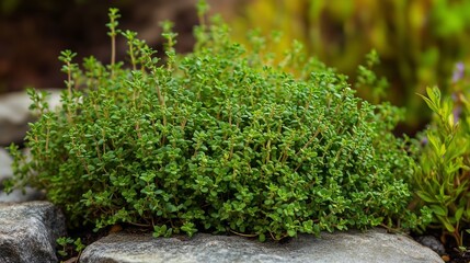 Canvas Print - Lush green thyme growing abundantly among stones in a serene garden setting during midday