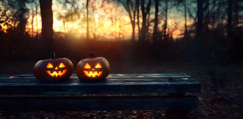 Wall Mural - A spooky forest sunset with a haunted evil glowing eyes of Jack O' Lanterns on the left of a wooden bench on a scary halloween night.