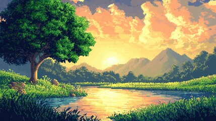 Canvas Print - Pixelated Sunset Landscape with a Single Tree by a River