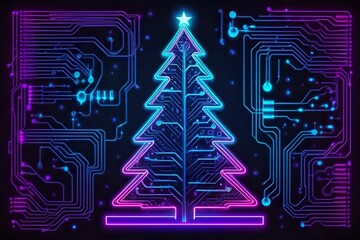 abstract pastel neon technology glowing Christmas tree, neon circuit board