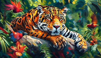 Wall Mural - Serene Jaguar Relaxing in Lush Tropical Canopy Surrounded by Colorful Birds