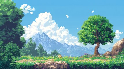 Wall Mural - Pixelated Landscape with a Tree and Mountain Range in the Background