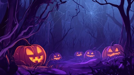 A Halloween background illustration with spooky cobwebs, glowing jack-o'-lanterns, and a mysterious dark forest.