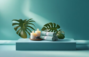 Two white candles with flame are on a platform with towels and stones surrounded by large monstera leaves.