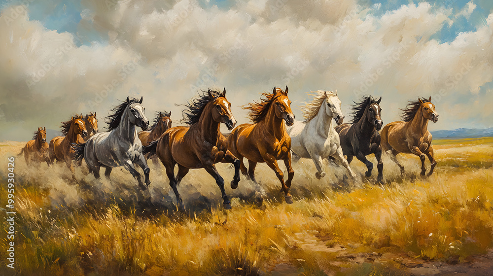 Herd of wild horses running through an open field
