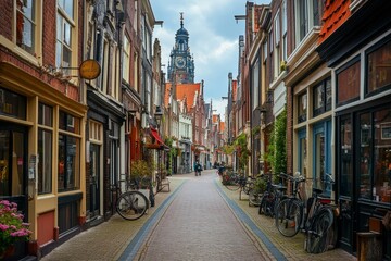 The Dutch shopping street Mient in the historic city center of Alkmaar, The Netherlands, Generative AI