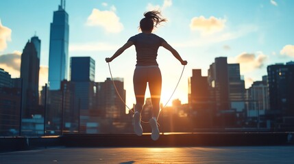 A silhouette of a woman skipping rope against a vibrant sunset backdrop, embodying energy and fitness in an urban landscape.