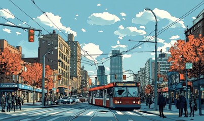 Wall Mural - An illustration of a bustling city street in a comic book style, Generative AI