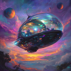 Wall Mural - a whimsical, round spaceship with a shiny, metallic surface that reflects the vibrant colors of an alien sky. The hull is adorned with playful designs