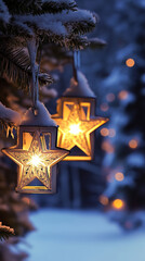 Wall Mural - magical european winter landscape with christmas star lanterns and snow