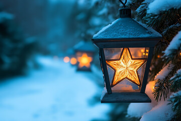 Sticker - Magical European Winter Landscape with Christmas Star Lanterns and Snow