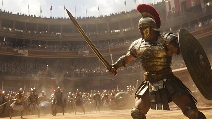 7. An ancient gladiator in full armor, ready to fight in a grand arena filled with spectators