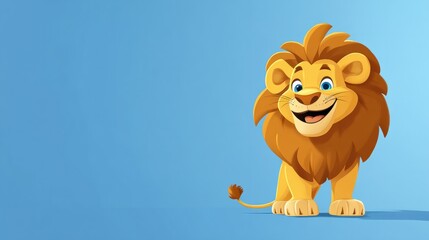 A cheerful cartoon lion with a fluffy mane, standing against a pastel blue background