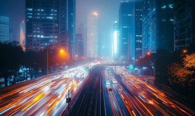 Wall Mural - The hustle and bustle: Time - lapse inspired city scene, streams of car lights under the city's skyscrapers, energy of urban life, Generative AI