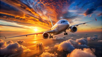 Wall Mural - Passenger airplane is flying over dramatic clouds during a beautiful sunset