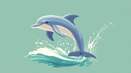 A happy cartoon dolphin leaping out of the water, isolated on a pastel green background