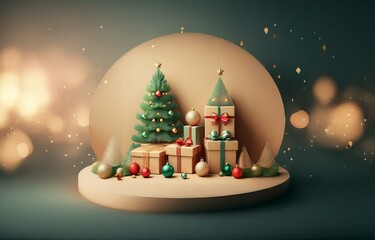 Two small Christmas trees with ornaments and gifts on a round platform with a bokeh background.