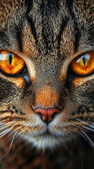 Close up of the face of a cat with yellow eyes and orange nose. The cat has a fierce look.