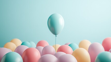 Wall Mural - One bold balloon standing out in a crowd of pastel balloons, celebrating uniqueness and vibrancy.