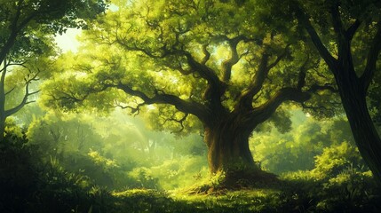 Canvas Print - A majestic ancient tree stands tall in a vibrant green forest under soft golden sunlight during early morning hours