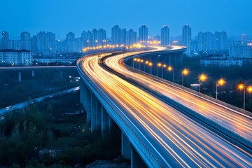 Wall Mural - Highway overpass motion blur with city background .night scene, Generative AI